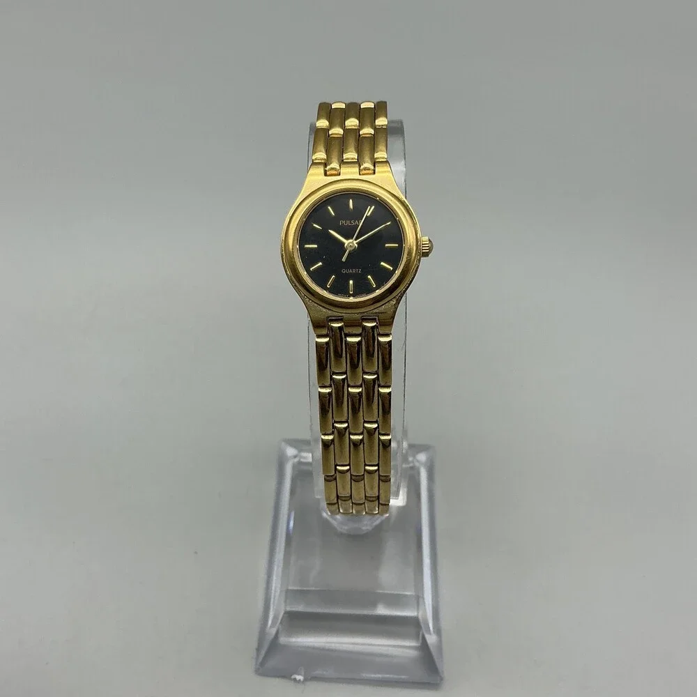 Pulsar Womens Watch 20mm Black Dial Gold Tone V238-X005 New Battery 7.25